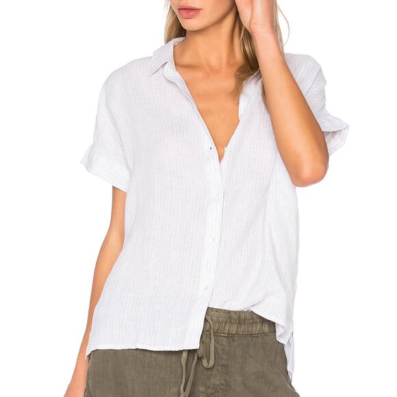 James Perse 100% Linen Striped Short Cap Sleeve Button Up Shirt White 0 XS $185 - Picture 3 of 16